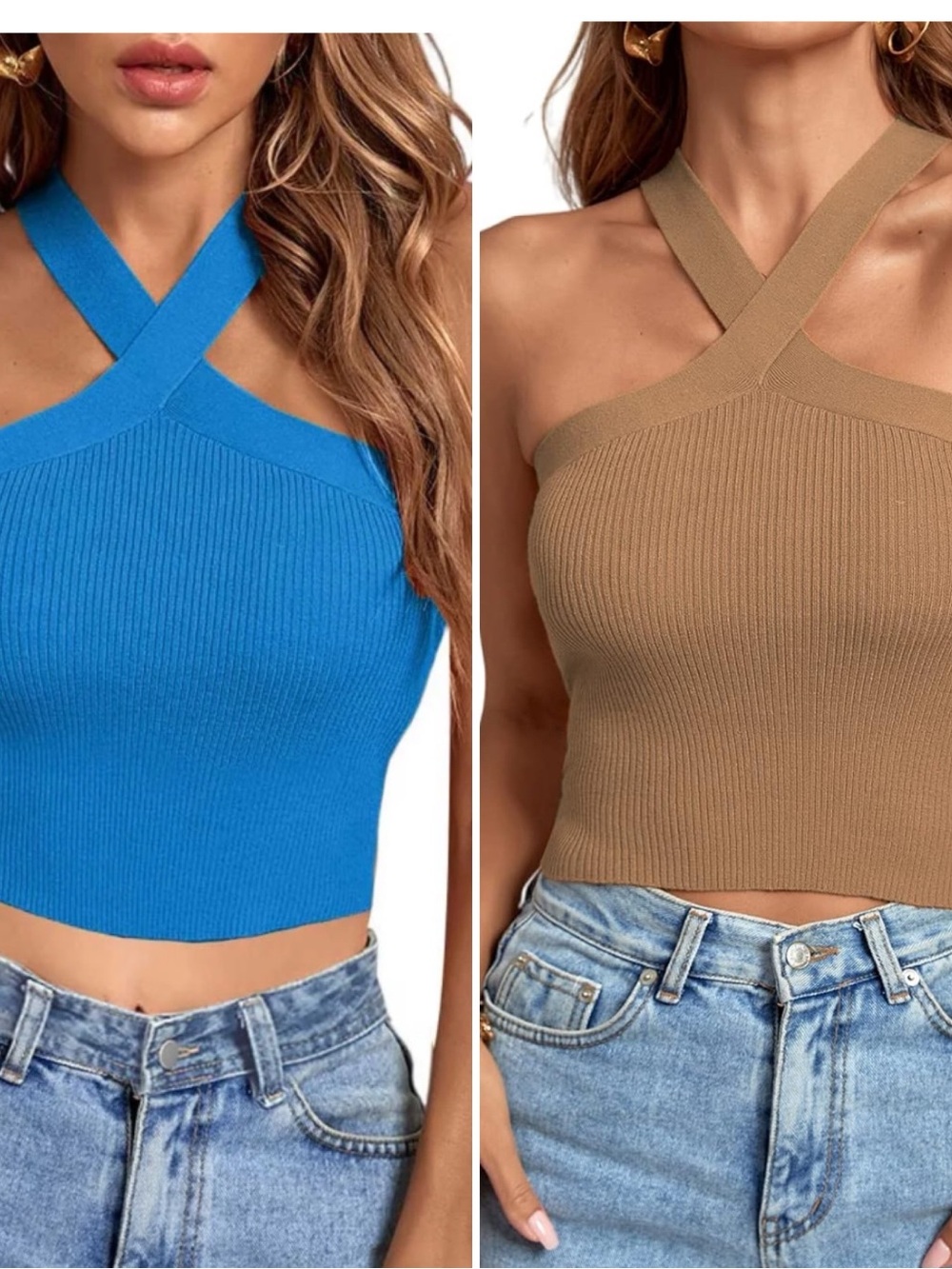 Bundle of 2 Forever 21 ribbed knit criss-cross halter crop tops Blue Tan